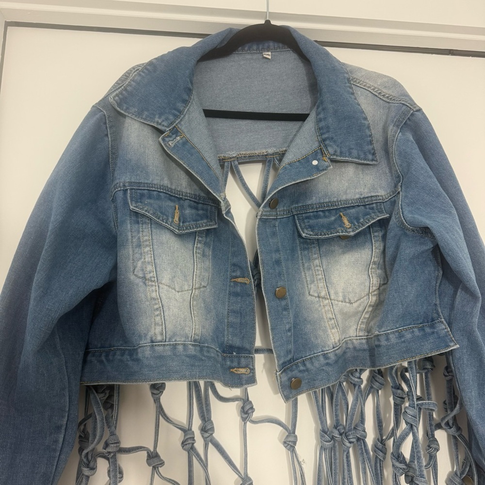 Cropped Denim Fringe Jean Jacket Back Hollow Out Knotted Tassel Distressed XXL - Picture 8 of 14